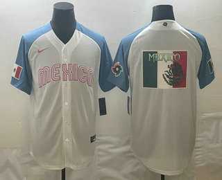 Mens Mexico Baseball 2023 White Blue World Big Logo Classic Stitched Jersey->2023 world baseball classic->MLB Jersey